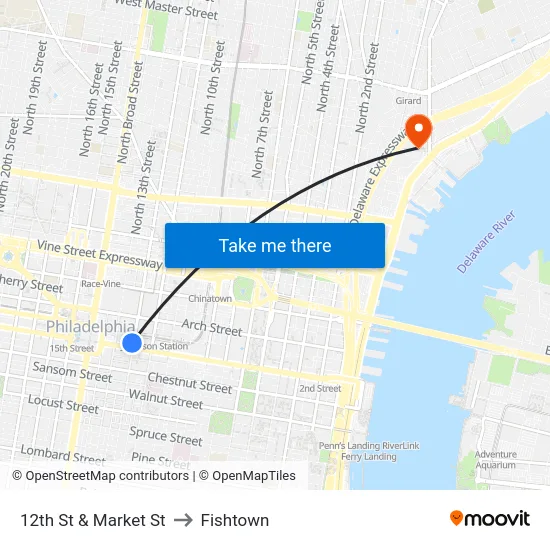 12th St & Market St to Fishtown map