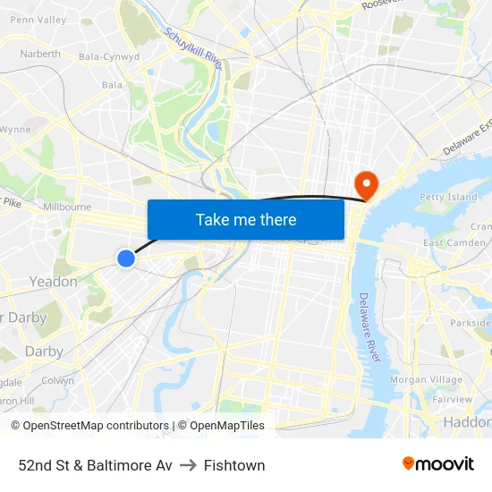 52nd St & Baltimore Av to Fishtown map