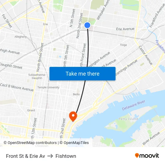 Front St & Erie Av to Fishtown map