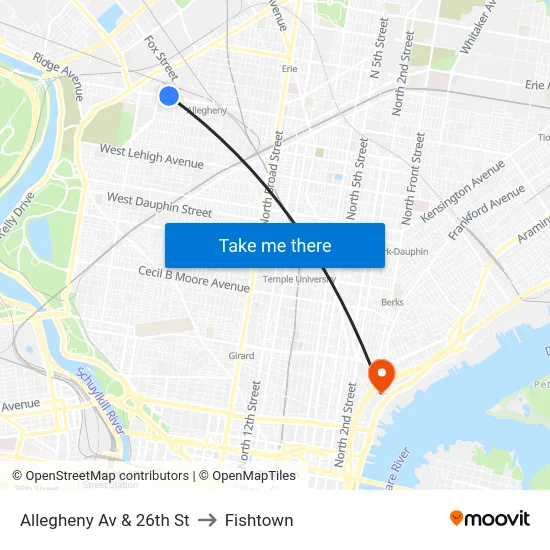 Allegheny Av & 26th St to Fishtown map