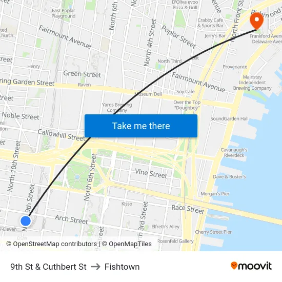 9th St & Cuthbert St to Fishtown map