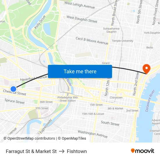 Farragut St & Market St to Fishtown map