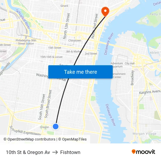 10th St & Oregon Av to Fishtown map