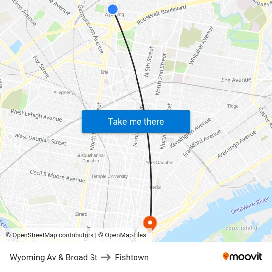 Wyoming Av & Broad St to Fishtown map
