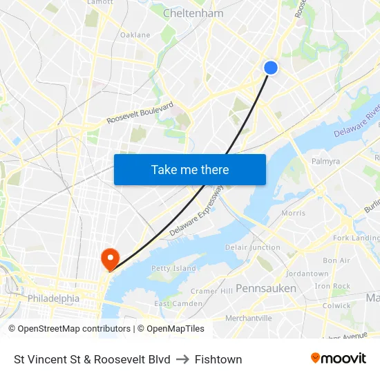 St Vincent St & Roosevelt Blvd to Fishtown map