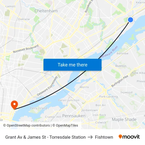 Grant Av & James St - Torresdale Station to Fishtown map