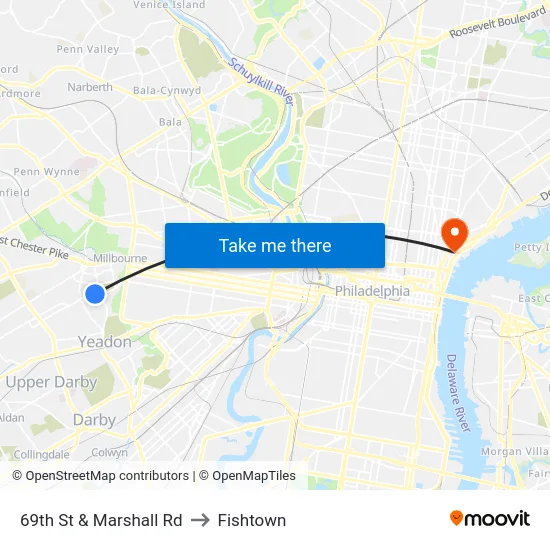 69th St & Marshall Rd to Fishtown map