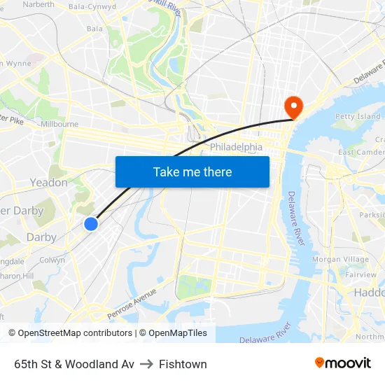 65th St & Woodland Av to Fishtown map