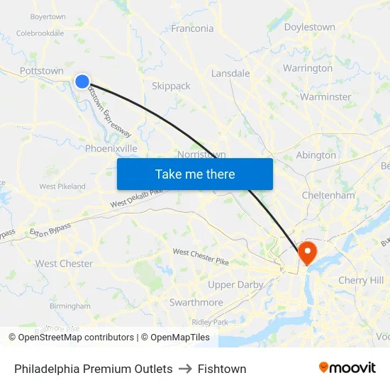 Philadelphia Premium Outlets to Fishtown map