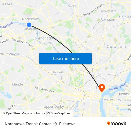 Norristown Transit Center to Fishtown map