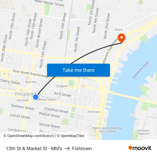 13th St & Market St - Mbfs to Fishtown map
