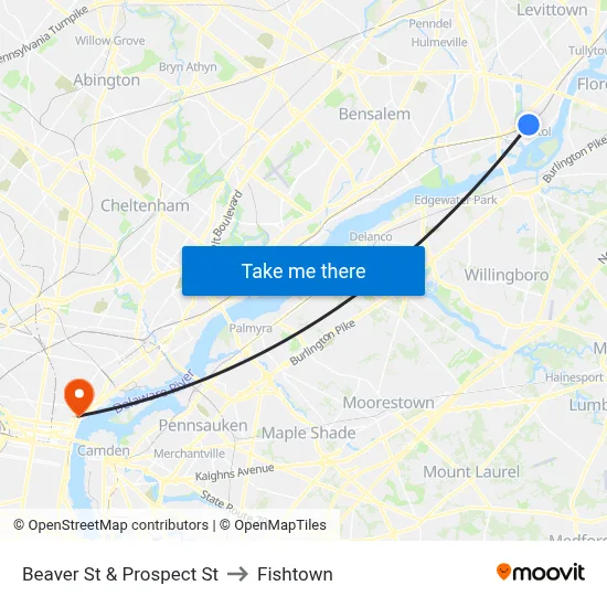 Beaver St & Prospect St to Fishtown map