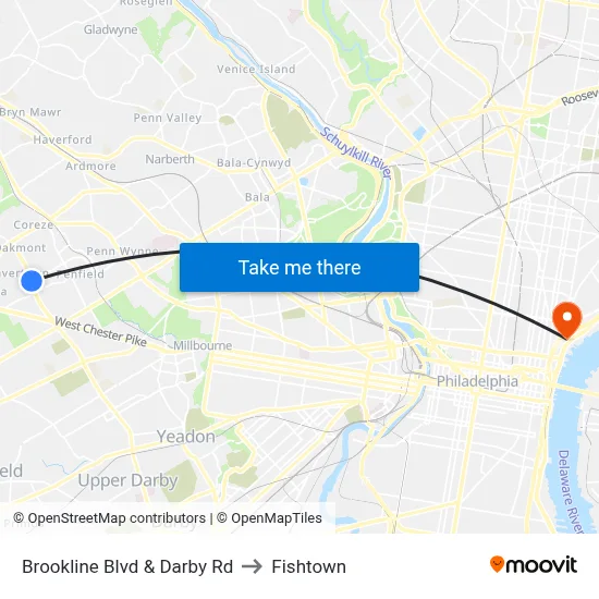 Brookline Blvd & Darby Rd to Fishtown map