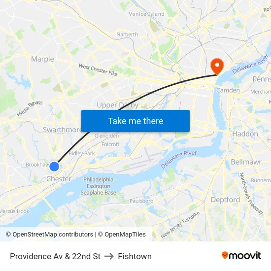 Providence Av & 22nd St to Fishtown map