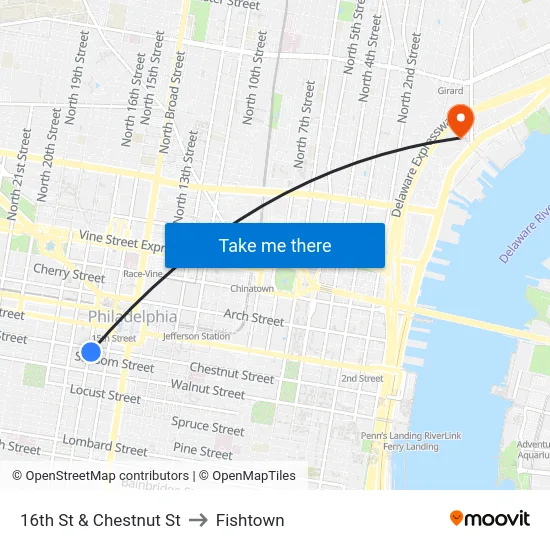 16th St & Chestnut St to Fishtown map