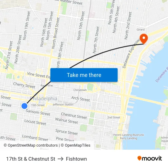 17th St & Chestnut St to Fishtown map