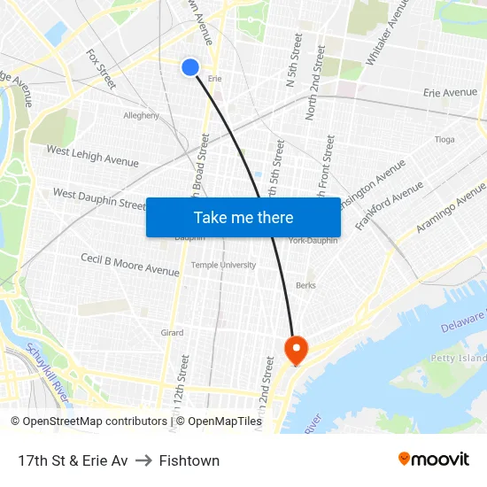 17th St & Erie Av to Fishtown map