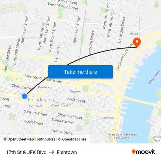17th St & JFK Blvd to Fishtown map