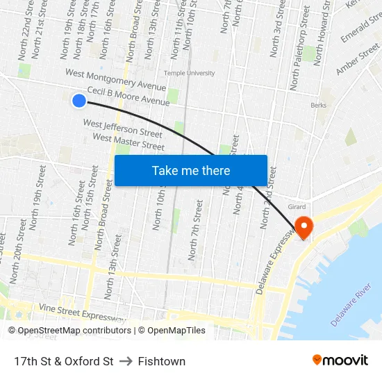 17th St & Oxford St to Fishtown map