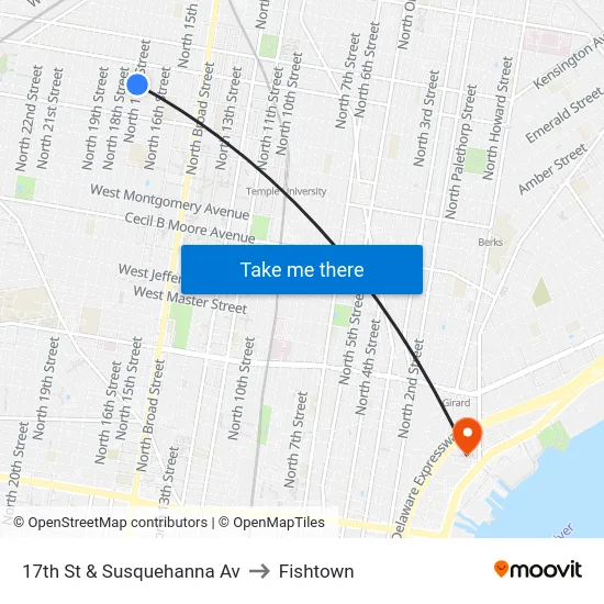17th St & Susquehanna Av to Fishtown map