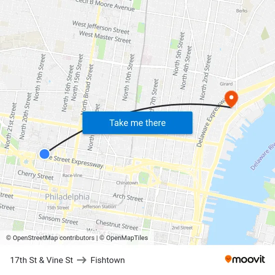 17th St & Vine St to Fishtown map