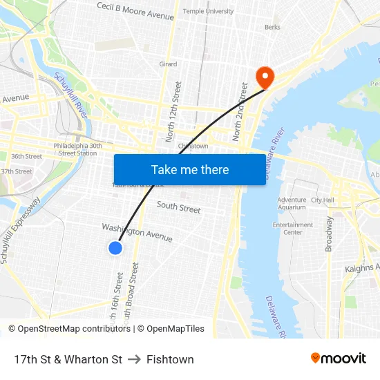 17th St & Wharton St to Fishtown map