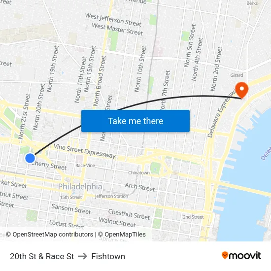 20th St & Race St to Fishtown map