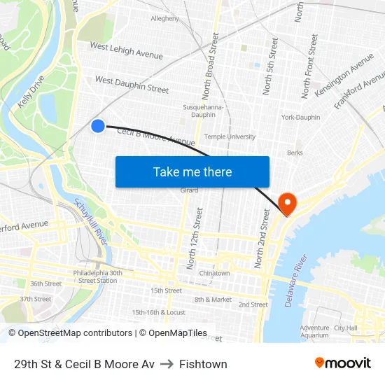 29th St & Cecil B Moore Av to Fishtown map