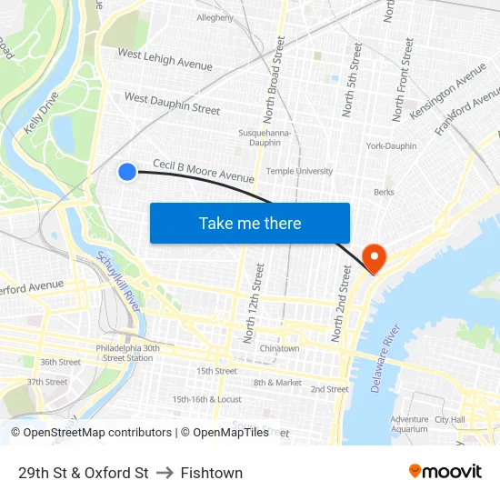 29th St & Oxford St to Fishtown map