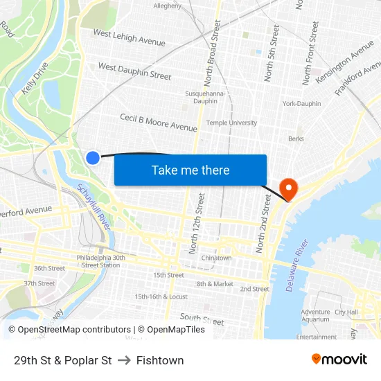 29th St & Poplar St to Fishtown map
