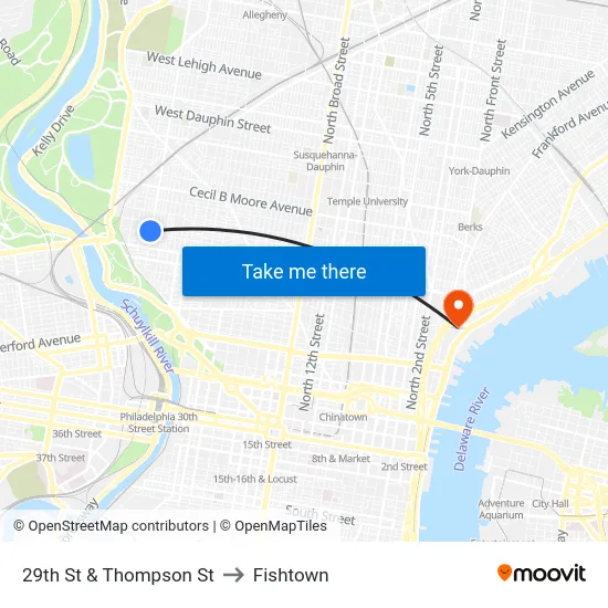 29th St & Thompson St to Fishtown map