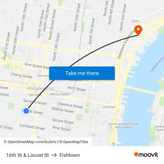 16th St & Locust St to Fishtown map
