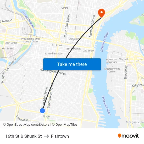 16th St & Shunk St to Fishtown map