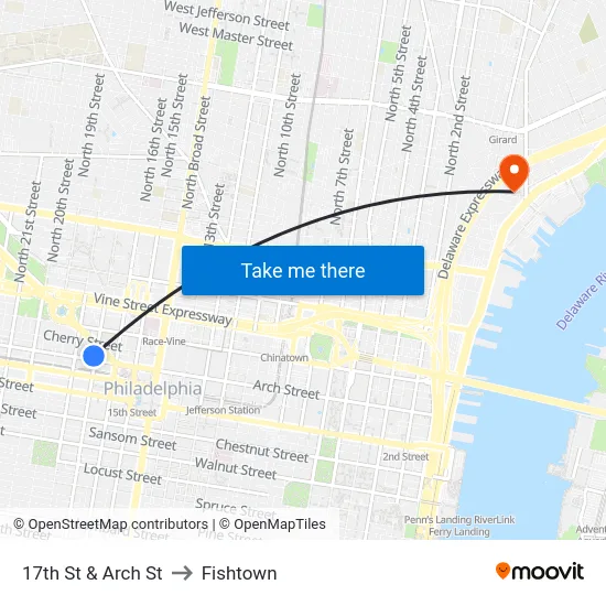 17th St & Arch St to Fishtown map