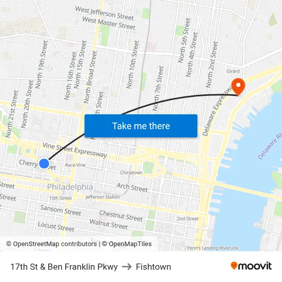 17th St & Ben Franklin Pkwy to Fishtown map