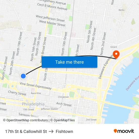 17th St & Callowhill St to Fishtown map