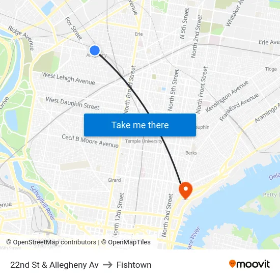 22nd St & Allegheny Av to Fishtown map