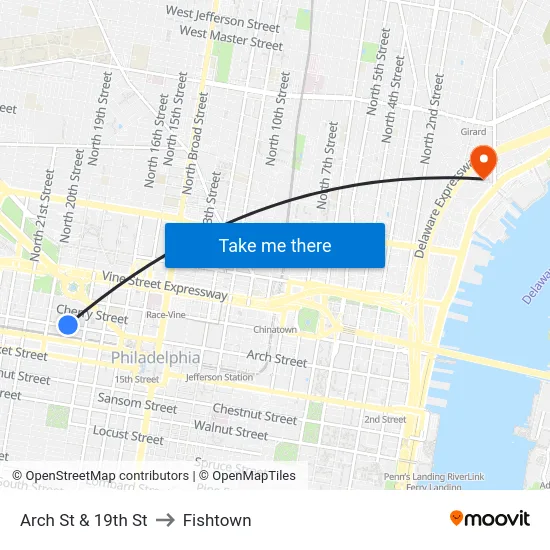 Arch St & 19th St to Fishtown map