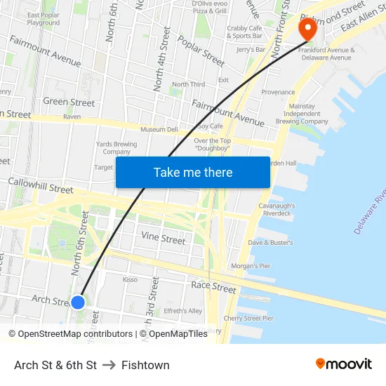 Arch St & 6th St to Fishtown map