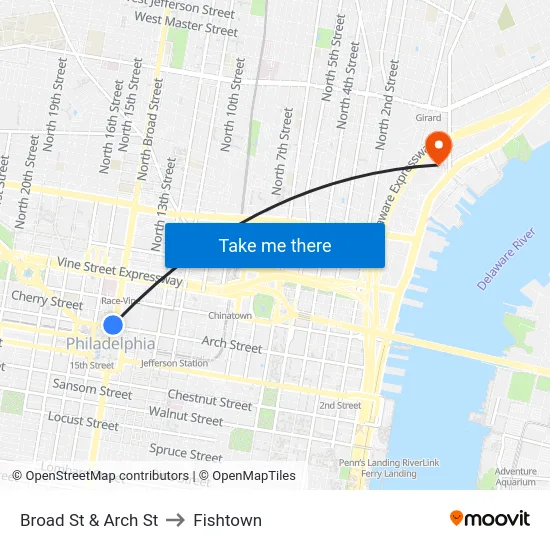 Broad St & Arch St to Fishtown map
