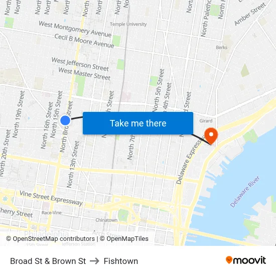 Broad St & Brown St to Fishtown map