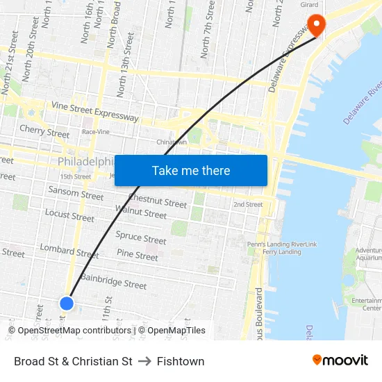 Broad St & Christian St to Fishtown map