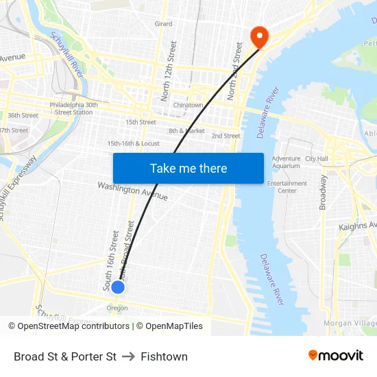 Broad St & Porter St to Fishtown map