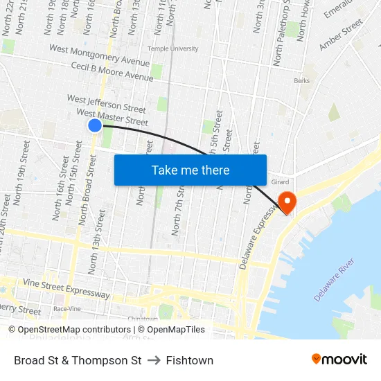 Broad St & Thompson St to Fishtown map