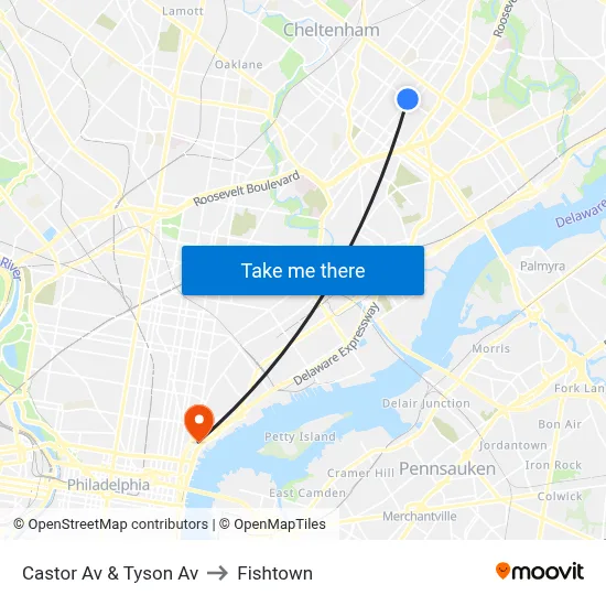 Castor Av & Tyson Av to Fishtown map