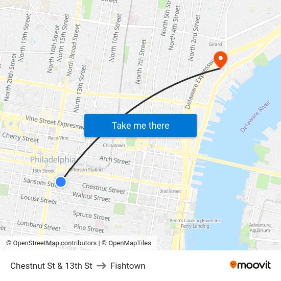 Chestnut St & 13th St to Fishtown map