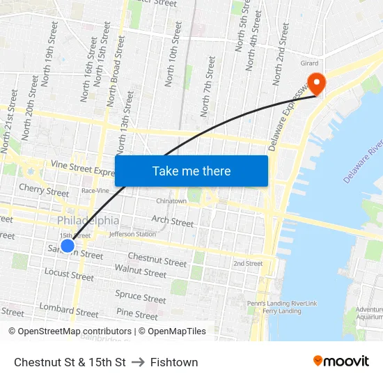 Chestnut St & 15th St to Fishtown map