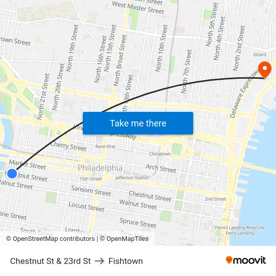 Chestnut St & 23rd St to Fishtown map