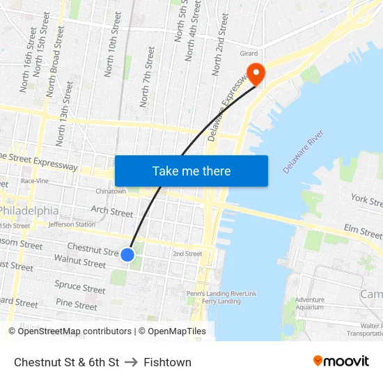 Chestnut St & 6th St to Fishtown map