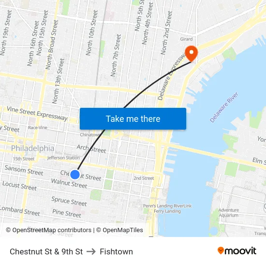 Chestnut St & 9th St to Fishtown map